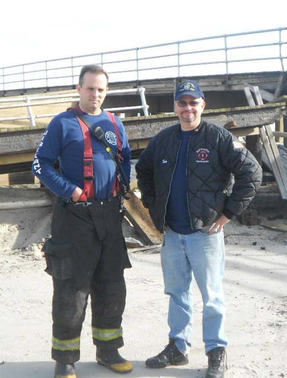 Owner Kevin Mulrooney and Truck Captain Tom Devaney during stand-by duty in Long Beach following Hurricane Sandy. Tom was West End Command and Kevin was the Engine MPO.